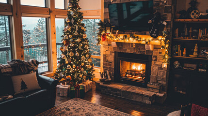 A cozy living room filled with various furniture pieces and a crackling fireplace