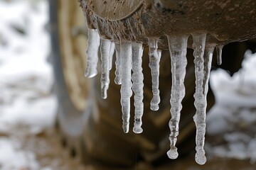 Closeup of icicles hanging from tractor suspension. Splash shield. Winterization in agriculture. Mudguard. Environmental awareness. Splashguard. Climate. Sleet. Soggy soil. Machinery. Ice. Cold - obrazy, fototapety, plakaty