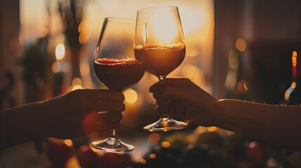 AI generated illustration of two hands clink glasses in a sunset toast - obrazy, fototapety, plakaty