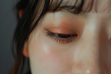 Asian woman's eye. Half closed eyelid. Eyelashes. Eyebrows. Highlighter. Clear skin. Makeup. Mascara. Japanese female. Peachy eyeliner. Cosmetics. Make-up artist. Skin routine. Skincare