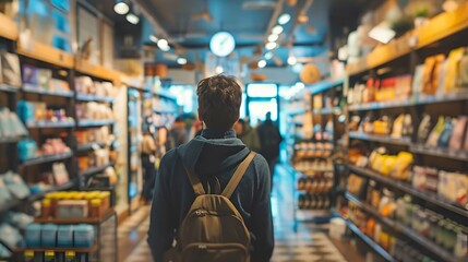 AI generated illustration of a guy with a backpack browsing grocery shelves in a store