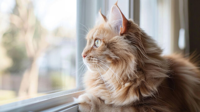 A domestic cat perched on a window sill, gazing out through the window in a typical feline pose