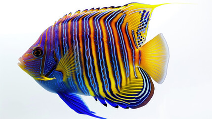 A vibrant fish with various hues gracefully navigates through the crystal-clear water