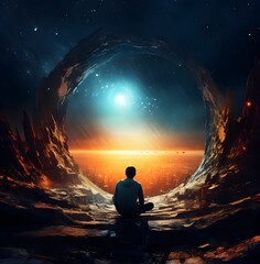 AI generated illustration of a person on the rocky landscape looking at an arched portal to space