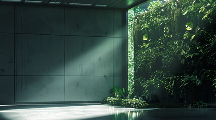 an indoor room with sunlight shining through the walls and plant life