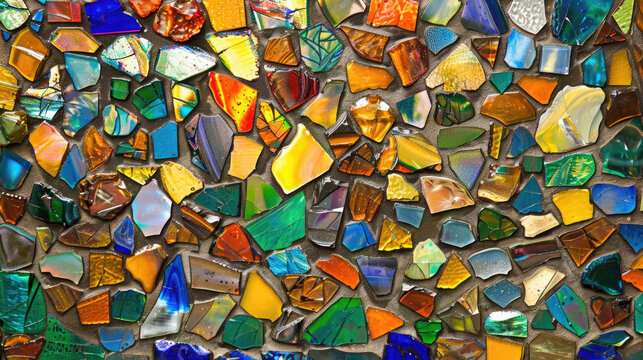 Detailed close-up of a colorful mosaic glass wall, showcasing intricate patterns and vibrant hues