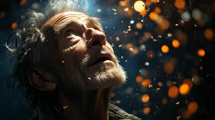 an older man stares upward at an orange flower in the background - obrazy, fototapety, plakaty