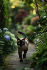 A Siamese cat with piercing blue eyes strolls down a winding garden path surrounded by lush greenery and colorful flowers