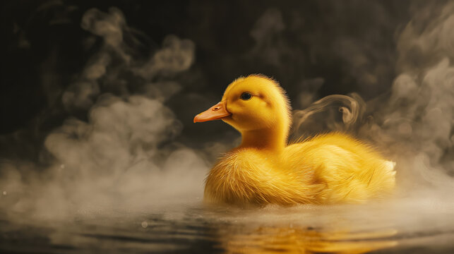 A lone yellow duckling gracefully floats on dark waters amidst rising steam, creating a serene and mystical scene.