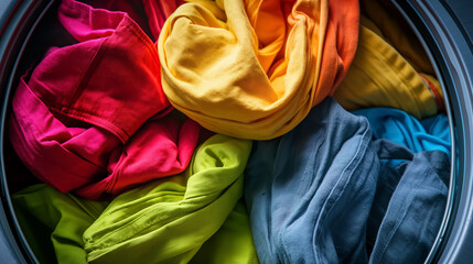 Pile of brightly colored clothes inside a washing machine, showcasing a mix of vivid red, yellow, green, and blue fabrics.