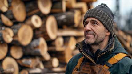 Content logger wearing a beanie and jacket stands in front of a woodpile in a winter forest, exuding satisfaction with his work. - obrazy, fototapety, plakaty