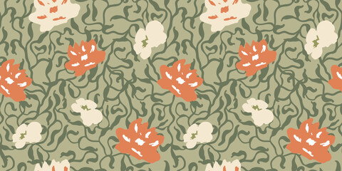 Simple cute flower pattern with branch ornaments. Plant background for fashion, wallpapers, print.