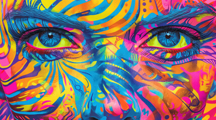 Abstract painting of a human face with a swirling pattern of vibrant hues and bold lines.