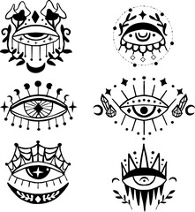 Doodle set of mystic eyes. Boho alchemy designs.