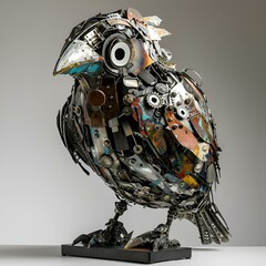 AI generated illustration of a bird sculpture created from recycled metal materials