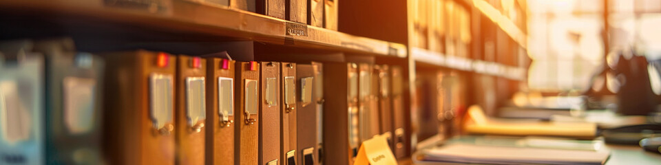 Warm sunlight bathes rows of books in a serene library, creating a peaceful study atmosphere - obrazy, fototapety, plakaty