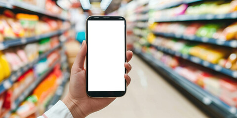 Person holding and showing white mobile phone with blank black desktop mockup image screen in supermarket mall with food shelves of beer on background