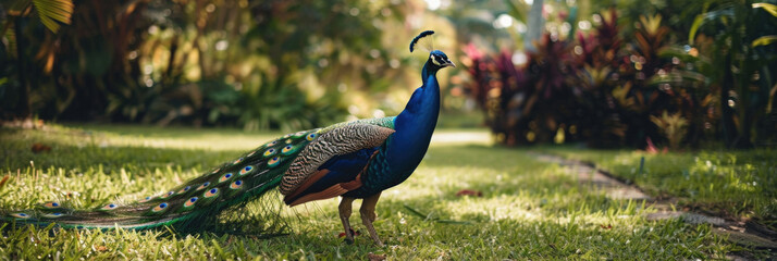 A vibrant peacock stands elegantly on top of a lush green field filled with vibrant foliage under the clear blue sky