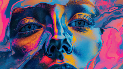 Abstract depiction of a human face with a psychedelic blend of fluid colors, exuding a dreamlike quality.