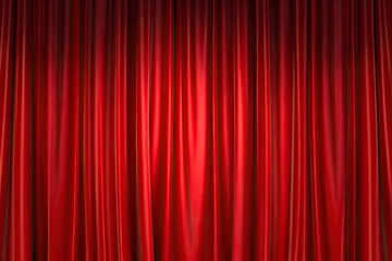 Vibrant red theater curtain backdrop, AI-generated.