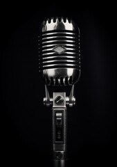 AI generated illustration of a vintage microphone on dark background with illuminated light