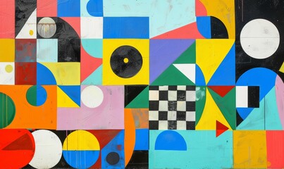 An abstract illustration in the cubism and expressionism style made of colorful squares and circles with different patterns.