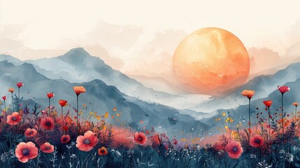 A dreamy digital illustration of colorful poppies blooming vibrantly against a soft, misty...