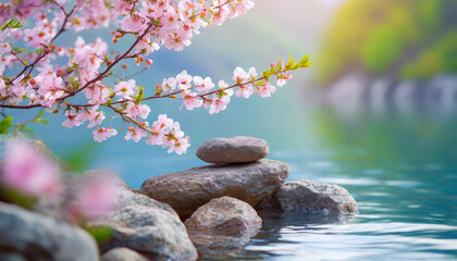 Close-up of stones in the water, Branch with beautiful blooming pink flowers. Spring season.