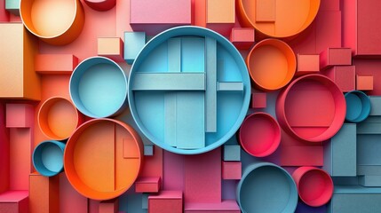 An engaging 3D abstract composition featuring a variety of colorful geometric shapes creating a...