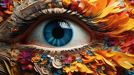 AI generated illustration of a paper quilling woman's eye closeup in vibrant colors
