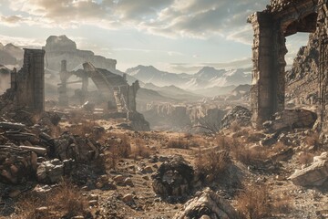A post-apocalyptic wasteland complete with crumbling ruins and desolate landscapes. - obrazy, fototapety, plakaty