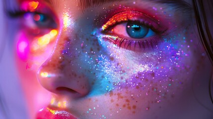 Close-up of a lovely young woman with blue eyes and sparkling makeup, AI-generated.