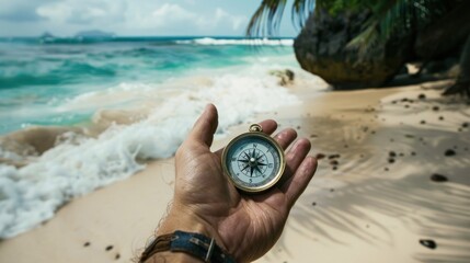 Hand with compass at the beach AI generated