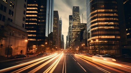 Fototapeta na wymiar AI generated illustration of a night-time city street with car light trails
