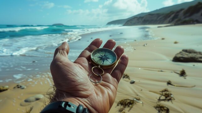 Hand with compass at the beach AI generated