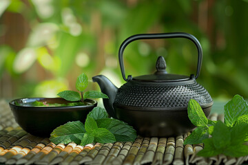 Tranquil Tea Time: Black Iron Teapot, Mint Leaves, and Green Tea Outdoors - obrazy, fototapety, plakaty