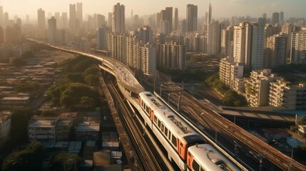 Fototapeta na wymiar AI generated illustration of an aerial view of a train moving through an urban landscape