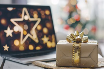 Christmas present with a laptop and star background beautifully gift-wrapped - 780409976