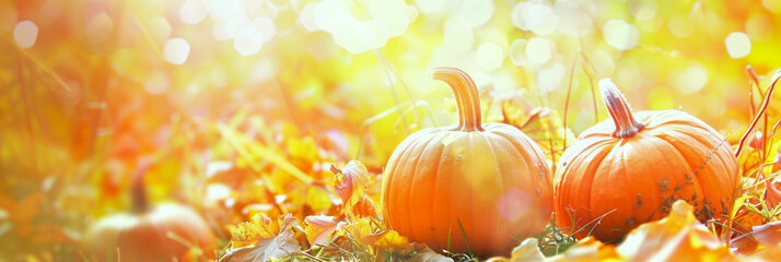 Autumn Halloween pumpkins. Orange pumpkins over bright autumnal nature background 