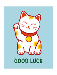 Postcard Template with Maneki Neko Japanese cat. Symbol of good luck, fortune and prosperity. Doodle vector illustration