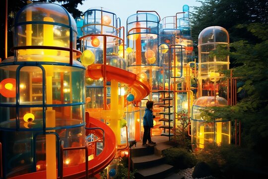 AI generated illustration of a cheerful young child in a vibrant magical playground