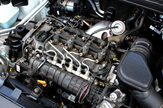 Vinnytsia, Ukraine; April 05, 2024. Kia Sportage 1.7 CRDI diesel engine. Close up Kia Sportage engine. Diesel engine fuel system. Left view.
