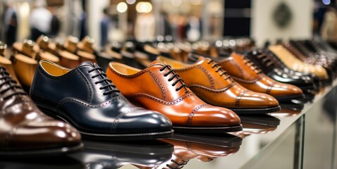 AI generated illustration of a row of men's classic leather shoes in display - obrazy, fototapety, plakaty