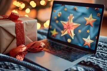 Festive laptop with christmas present and bokeh lights in background - 780410592