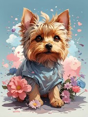 AI generated illustration of a Yorkshire Terrier with flowers and vibrant colors
