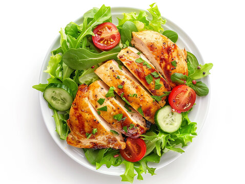 Grilled chicken breast. Fried chicken fillet and fresh vegetable salad of tomatoes, cucumbers and arugula leaves. Healthy food. Flat lay. White background