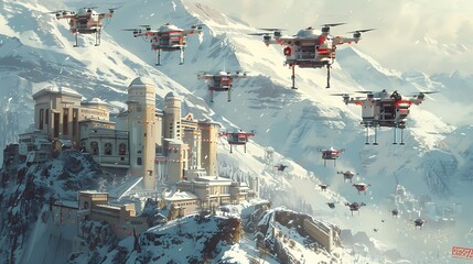A group of drones carrying medical equipment flying over the city and hospital on winter season, in a concept art illustration - obrazy, fototapety, plakaty