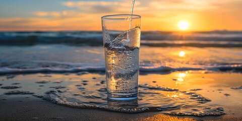 Organic pure fresh natural water. Healthy refreshing drink. A glass of pouring crystal mineral drinking aqua water on blurred nature beach sea ocean sunset sunrise landscape background. Copy paste - obrazy, fototapety, plakaty