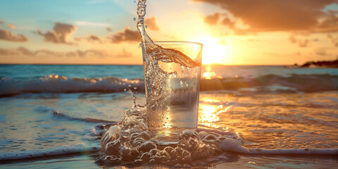 A glass of pouring crystal mineral drinking aqua water on blurred nature beach sea ocean sunset sunrise landscape background. Organic pure fresh natural water. Healthy refreshing drink. Copy paste - obrazy, fototapety, plakaty