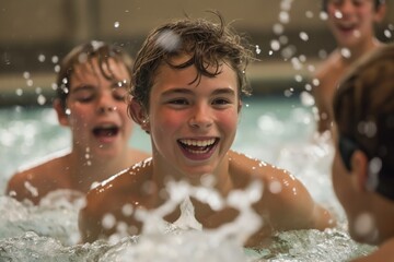 Obraz premium several kids playing with water in a pool with white foam all around them